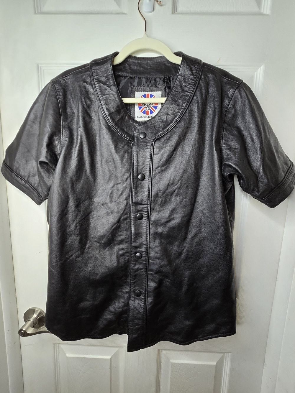 Leather Addicts Men's Genuine Soft Black Leather Baseball Jersey Shirt - Size L